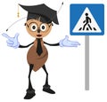 Ant teacher explains rules of road. Pedestrian crossing sign. How to cross street Royalty Free Stock Photo