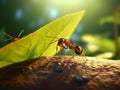 an ant tries to carry a large leaf with it after the summer rain Royalty Free Stock Photo