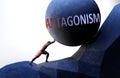 Antagonism as a problem that makes life harder - symbolized by a person pushing weight with word Antagonism to show that