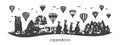 Cappadocia, Turkey. Black horizontal silhouette of famous turkish symbols and landmarks.