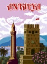 Antalya retro landmark poster, Saat Kulesi Military Clock Tower, Turkey resort. Vintage touristic travel postcard