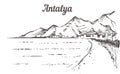 Antalya skyline sketch. Antalya, Turkey beach hand drawn