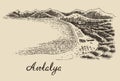 Antalya skyline vintage engraved vector hand drawn