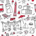 Antalya symbols. Hand drawn vector seamless pattern with black outline doodles and red elements on white background.