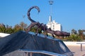 Antalya, Turkey - April 20, 2022: Statue of scorpion, the mascot of football club Antalya Spor, in front of the Antalya Stadium