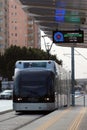 Antalya, Turkey - April 3, 2022: Tram arriving at the Meltem station, part of T3 light rail line Antray