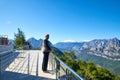 Antalya, Turkey - December 19, 2019: Observation deck with view on mountain landscape and tourist on it in sunny day. Fantastic