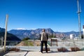 Antalya, Turkey - December 19, 2019: Observation deck with view on mountain landscape and tourist on it in sunny day. Fantastic