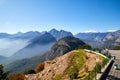 Antalya, Turkey - December 19, 2019: Observation deck with view on mountain landscape and tourist on it in sunny day. Fantastic