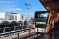 Antalya, Turkey - February 7, 2023: Hyundai Rotem tram arriving at the Airport station. International Airport of Antalya is