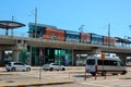 Antalya, Turkey - February 7, 2023: Hyundai Rotem tram arriving at the Airport station. International Airport of Antalya is