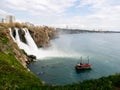 Antalya, Turkey - February 22, 2019: Old fashioned yacht near Duden waterfall in Antalya, Turkey