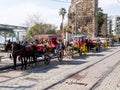 Antalya, Turkey - February 22, 2019: Row of horse-drawn carriages parked along the tram rails in downtown in Antalya