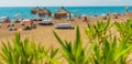 ANTALYA, TURKEY: Gazebos, sun loungers and umbrellas on the Lara beach on a sunny summer day in Antalya.