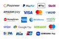 Antalya, Turkey - January 01, 2023: Logos of popular payment systems like Payoneer, Paypal, Apple Pay printed on white paper