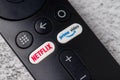 Antalya, Turkey - January 17, 2023: Netflix and Amazon prime video buttons on Smart TV remote