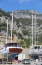 Antalya, Turkey, January 26, 2021. Recreational sea boats under repair on the shore