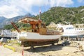 Antalya, Turkey, January 26, 2021. Recreational sea boats under repair on the shore