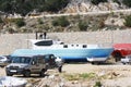 Antalya, Turkey, January 26, 2021. Recreational sea boats under repair on the shore