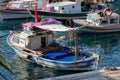 ANTALYA, TURKEY - JULY 08, 2018: Fishing motor boat in the old city marina Roman harbor of Antalya