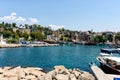 Antalya, Turkey - July 26, 2019, Tourist harbor, Mediterranean resort in Side in a beautiful summer day Royalty Free Stock Photo