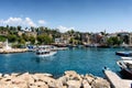 Antalya, Turkey - July 26, 2019, Tourist harbor, Mediterranean resort in Side in a beautiful summer day Royalty Free Stock Photo