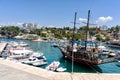 Antalya, Turkey - July 26, 2019, Tourist harbor, Mediterranean resort in Side in a beautiful summer day Royalty Free Stock Photo