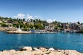 Antalya, Turkey - July 26, 2019, Tourist harbor, Mediterranean resort in Side in a beautiful summer day Royalty Free Stock Photo