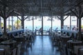 Antalya, Turkey- 6 Jun 2017: The restaurant at the five star hotel Ramada Plaza, morning, empty tables, sea view Royalty Free Stock Photo