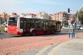 ANTALYA, TURKEY - JUNE 7, 2015: City bus standing in front of a traffic light at the crossroads in Antalya, Turkey Royalty Free Stock Photo