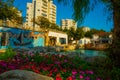 ANTALYA, TURKEY: Landscape with a view of a beautiful park with a fountain and a pond in Antalya on a sunny summer day. Royalty Free Stock Photo