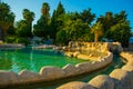 ANTALYA, TURKEY: Landscape with a view of a beautiful park with a fountain and a pond in Antalya on a sunny summer day. Royalty Free Stock Photo