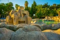 ANTALYA, TURKEY: Landscape with a view of a beautiful park with a fountain and a pond in Antalya on a sunny summer day. Royalty Free Stock Photo