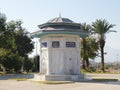 Antalya, Turkey, March 15, 2023. Stylish metal oriental Turkish Ottoman fountain for drinking water in a marble pedestal.