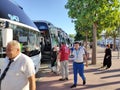 Antalya, Turkey - May 20, 2021: Coral Travel coach bus waiting for the tourists