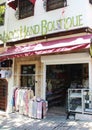 Antalya, Turkey, May 23, 2023. The facade of street shop with storefronts selling textiles and jewelry