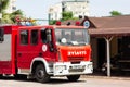 Antalya, TURKEY - 17 MAY , 2018: Red firetruck with rescue ladder standing on the street of the city near firehouse