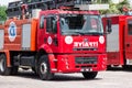 Antalya, TURKEY - 17 MAY , 2018: Red firetruck with rescue ladder standing on the street of the city near firehouse