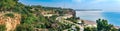 Panoramic view of Antalya coastline with road, beach and coastal cliffs