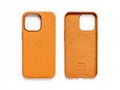 Antalya, Turkey - October 28, 2021: Front and back view of newly designed Golden Brown leather case for Apple iPhone 13 Pro on
