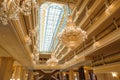 ANTALYA, TURKEY - SEPTEMBER 12: Chandelier hangs on glasses art roof and interior of Titanic Mardan Palace hotel