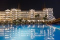 ANTALYA, TURKEY - SEPTEMBER 12, 2019: Exterior and swim pool at night of Titanic Mardan Palace elite all-inclusive hotel