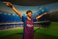 Antalya, Turkey - September 10, 2021: Lionel Messi celebrating wearing barcelona club jersey in a wax museum