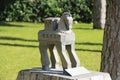 Antalya, Turkey, September 17, 2022. A model of a Trojan horse made of gray clay on a pedestal in a green park