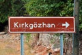 Antalya, Turkey - September 4, 2022: Roadside sign points to Kirkgoz Han, an ancient caravansaray in Dosemealti district built by Royalty Free Stock Photo