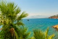 ANTALYA, TURKEY: Ship with tourists sails along the Mediterranean coast on a sunny summer day in Antalya. Royalty Free Stock Photo