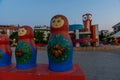 ANTALYA, TURKEY: A square with a clock tower, a fountain and a monument in the form of a matryoshka doll in Antalya.