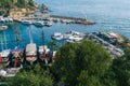 Top view of Antalya city and harbour with moored ships Royalty Free Stock Photo