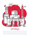 Antalya, Turkey. Vector illustration of a famous turkish city and its symbols.