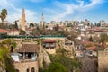 ANTALYA, TURKEY - 04 01 2022 17:06:View of Antalya old city Kaleici quarter from the marina, Yivli Minaret and tea garden. Old tow Royalty Free Stock Photo